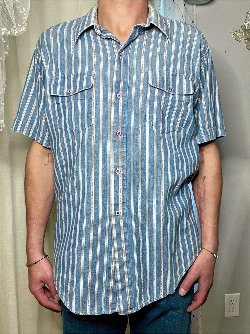 Ruddock Bros - Men's Blue Vertical Stripe Short-Sleeve Button-Down Shirt